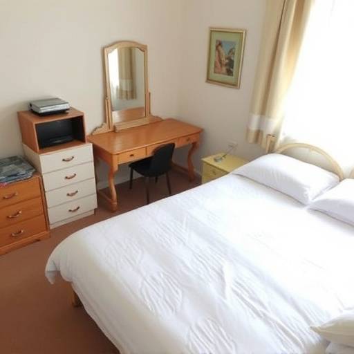 A clean and tidy bedroom with a neatly made bed and organized furniture