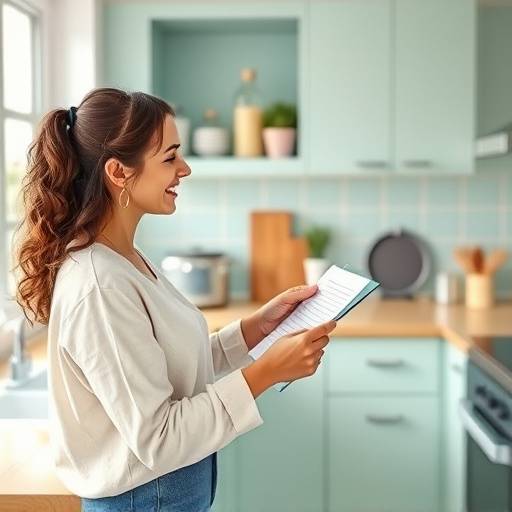 A woman happily checking items off a cleaning checklist in a bright kitchen