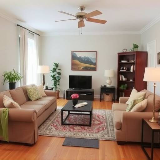 An organized living room with neatly arranged furniture and clean surfaces