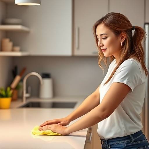 Close-up of a person using a microfiber cloth to wipe down a kitchen counter
