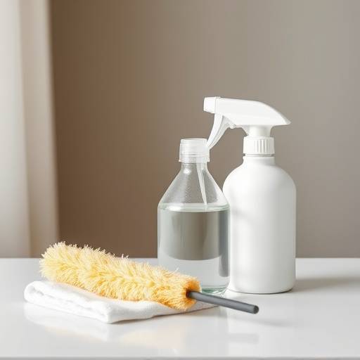 Minimal cleaning setup with a spray bottle, microfiber cloth, and a small duster