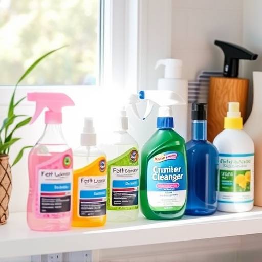 Seasonal cleaning products arranged on a shelf with natural light shining through a window