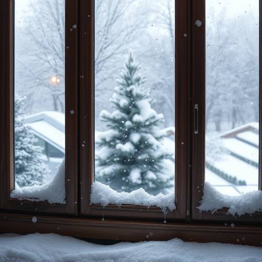 Snow falling softly on a windowpane, creating a cozy and serene winter atmosphere.